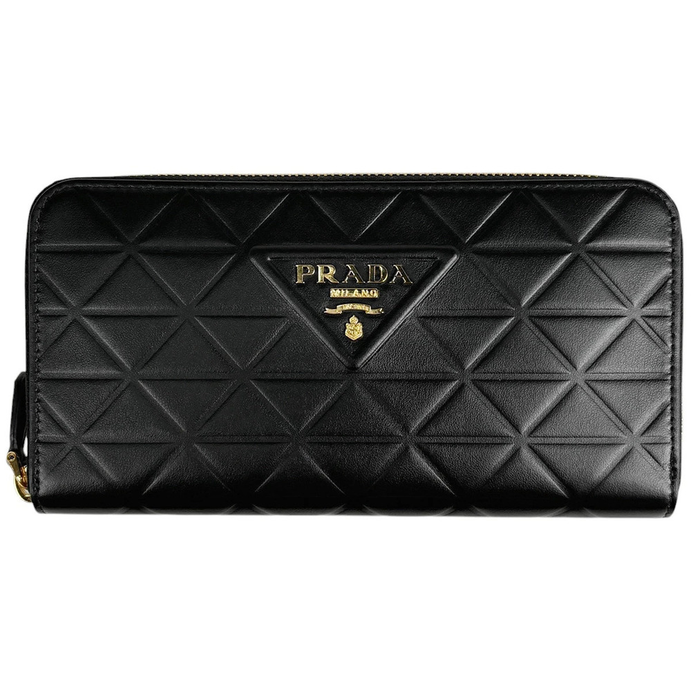 Prada Triangle Long Wallet Embossed Round Zipper Saffiano Leather Nero Black